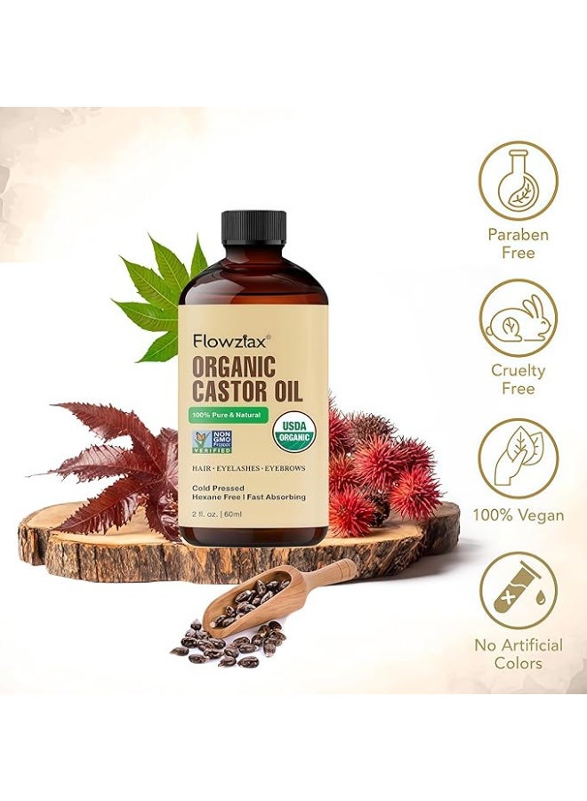 Flowziax Organic Castor Oil, USDA Certified, 100% Pure, Hexane Free, Cold Pressed, for Eyelashes Eyebrows Hair Growth, with Eyebrow & Eyelash Brush, 60ml - Image 3